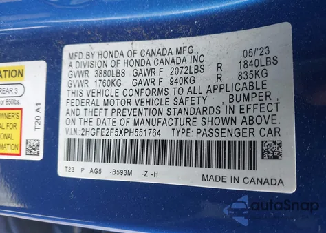 2023 Honda Civic Sport из США, поврежденный, VIN 2HGFE2F5XPH551764